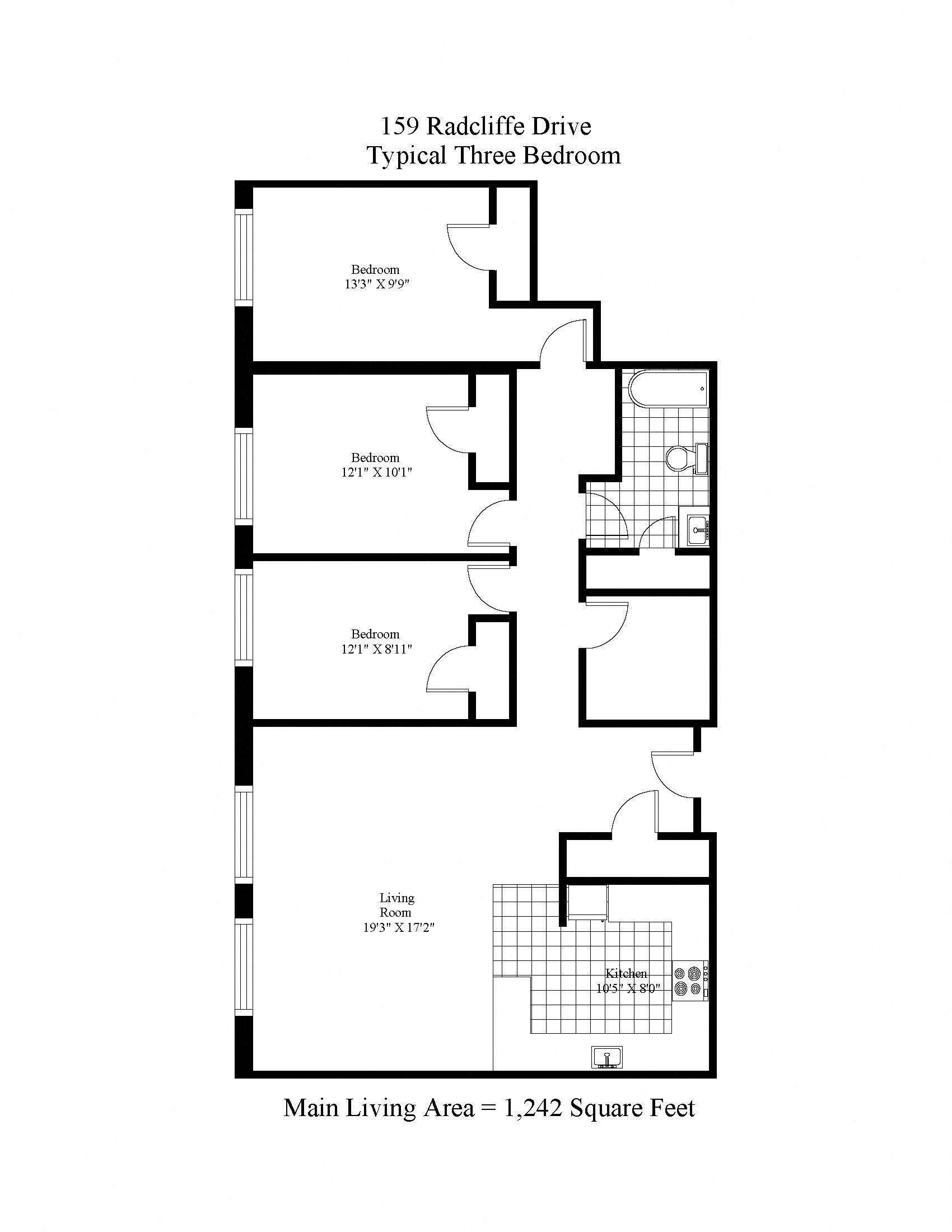 Floor plan for 3 beds, 1 bath, 1242 sqft